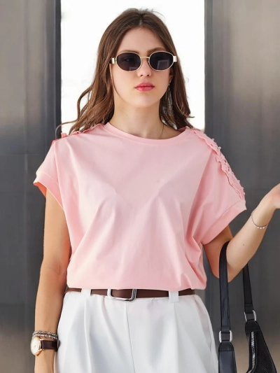 Royalfashion Ženska bombažna majica z čipkastimi rokavi