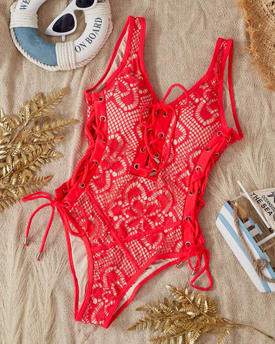 Jednoczęściowy czerwony damski strój kąpielowy z koronką- Bielizna