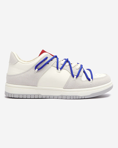 Royalfashion Biało - szare sportowe sneakersy damskie z granatowymi sznurówkami Olierinc