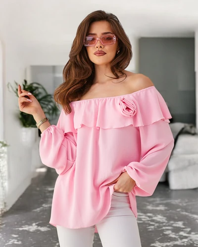 Royalfashion Ženska bluza brez naramnic z volančki in cvetom