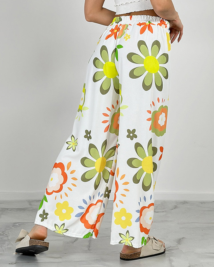 Royalfashion Ženske široke hlače s cvetličnim vzorcem