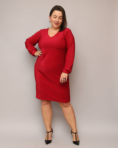 Royalfashion Bleščeča ženska obleka pred koleni v rdeči barvi PLUS SIZE