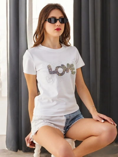 Royalfashion Ženska bombažna majica LOVE z diamanti