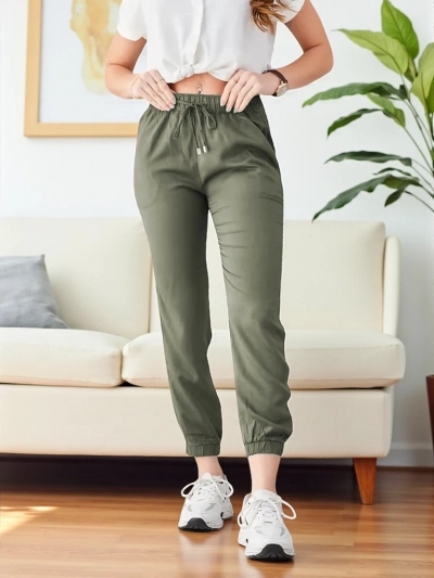 Hlače Raffaello Khaki Dolge Iz Tkanine Lyocell