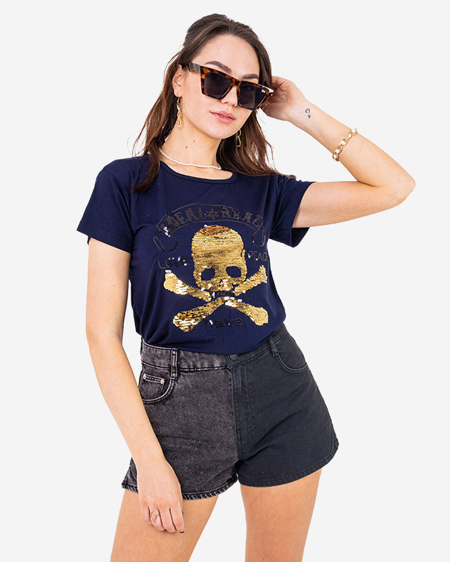Royalfashion Granatowy damski t-shirt z cekinami i napisami
