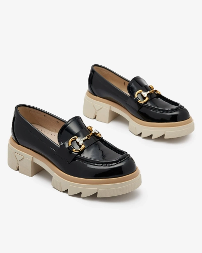 Royalfashion Lakierowane czarne damskie mokasyny z kryształkami Inriw