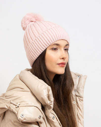 Szara damska ocieplana błyszcząca czapka z pomponem - Akcesoria