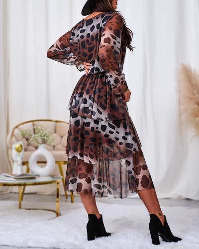 Royalfashion Črno-rjava mrežasta midi obleka s potiskom