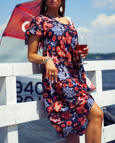 Royalfashion Granatowa damska sukienka z kolorowym kwiecistym wzorem