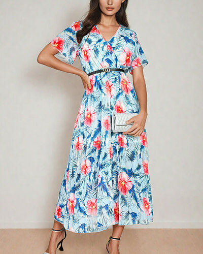 Royalfashion Ženska plisirana cvetlična midi obleka