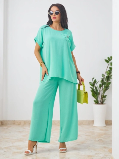 Royalfashion Ženski komplet s kratkimi rokavi, okrašen z cvetličnim motivom in širokimi hlačami