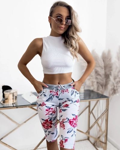 Royalfashion Biało- różowe spodenki damskie 3/4 z printem PLUS SIZE