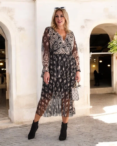 Royalfashion Črno-bela mrežasta midi obleka s potiskom