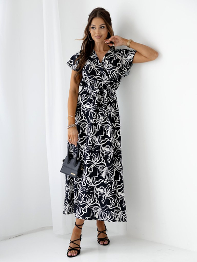 Royalfashion Vzorčasta ženska midi obleka s kratkimi rokavi, preklopnim izrezom in pasom