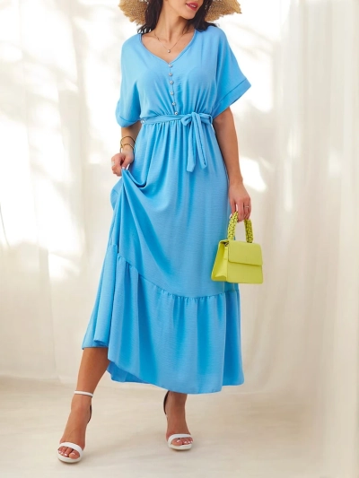 Royalfashion Ženska midijaka obleka s kratkimi rokavi in dekorativnimi gumbi