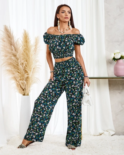 Royalfashion Czarny dwuczęściowy damski komplet w kwiatki