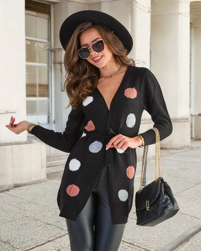 Royalfashion Czarny damski wiązany kardigan z kolorowymi kółkami