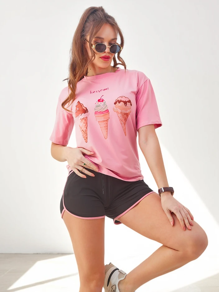 Royalfashion Ženski športni komplet s t-shirtom in kratkimi hlačami Sladoled