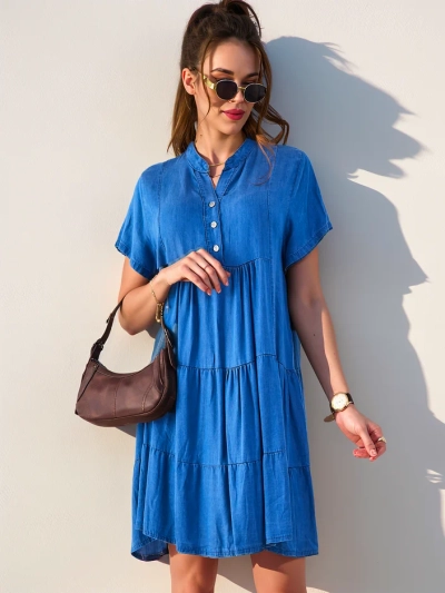 Royalfashion Ženska obleka v tunikastem slogu z zadrgo na vratu, denim tip