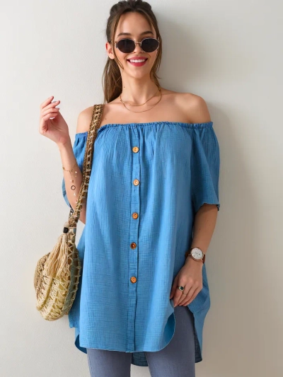 Royalfashion Ženska bombažna bluzica v španskem stilu z dekorativnimi gumbi