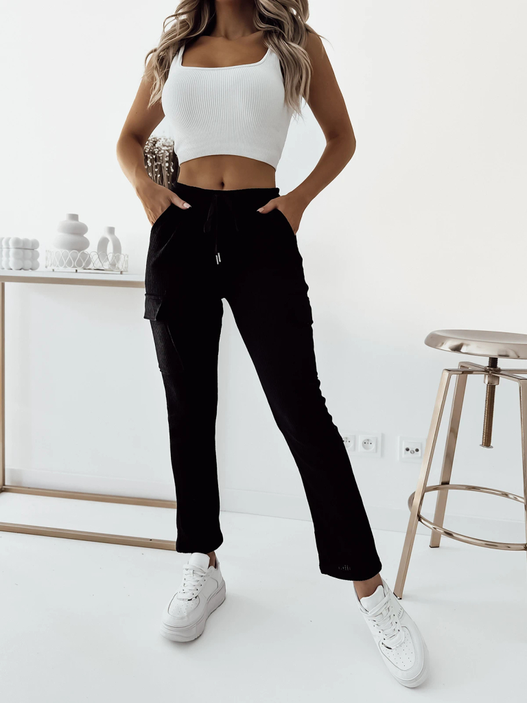 Royalfashion Črne ženske rebraste bojne hlače