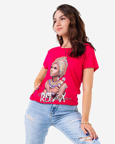 Royalfashion Fuksjowy damski t-shirt z kolorowym printem i cekinami