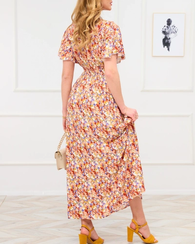 Royalfashion Jasnobrązowa damska sukienka maxi w kwiaty