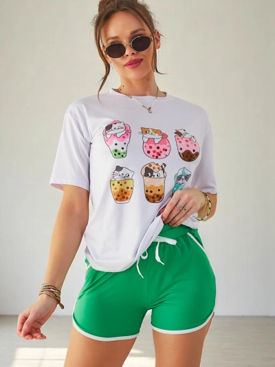 Royalfashion Ženski športni komplet s T-majico in kratkimi hlačami Kitty Cat