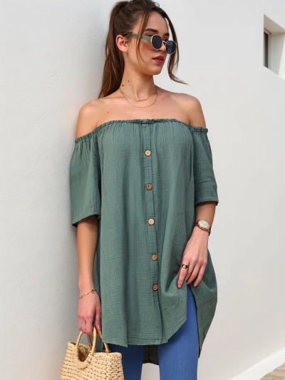Royalfashion bombažna ženska bluzka a'la španska z dekorativnimi gumbi