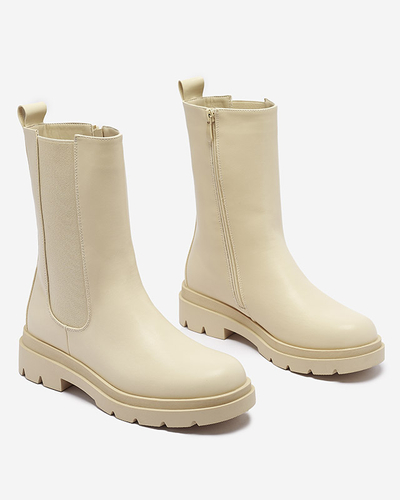 Royalfashion Beżowe damskie wysokie botki na płaskim obcasie Vedesa