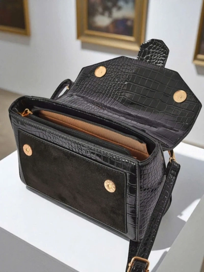 Ženska torbica Cassia Nero klasična črna eko usnje semiš elegantna