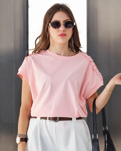 Royalfashion Ženska bombažna majica z čipkastimi rokavi