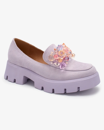OUTLET Royalfashion Fioletowe damskie mokasyny z kolorowymi kryształkami Crystal Glam
