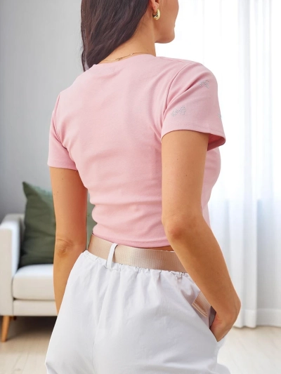 Royalfashion Ženski bombažni kratki top z rhinestones v obliki mašne