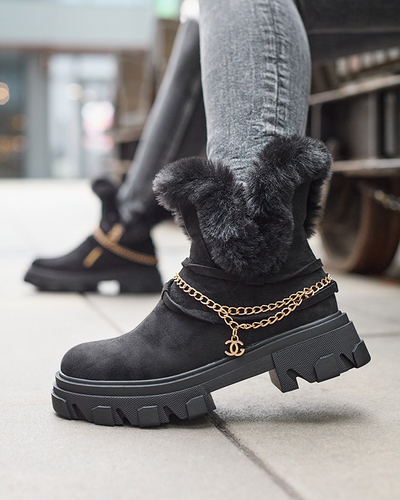 Royalfashion Czarne damskie eko-zamszowe botki z łańcuszkiem Videric