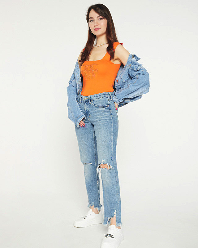 Royalfashion Pomarańczowy damski top z cyrkoniami