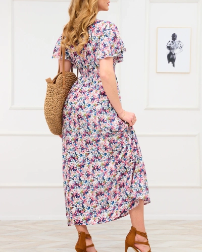 Royalfashion Niebiesko- różowa damska sukienka maxi w kwiaty