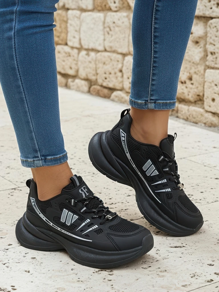 Ženski športni čevlji Royalfashion Hypatia črni s plosko peto 5 cm