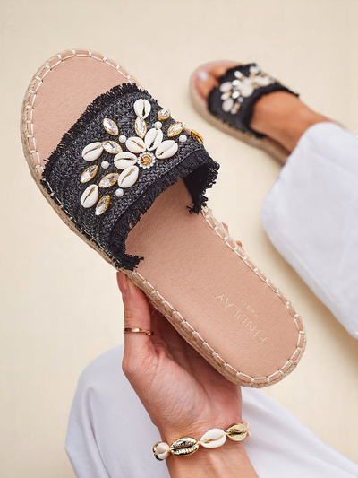 Ženski sandali Royalfashion Helena Decor črni espadrile s školjkami