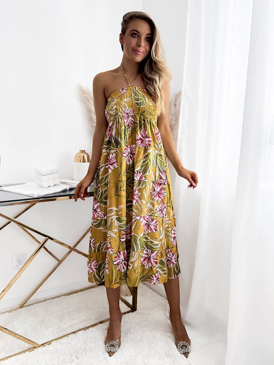 Royalfashion Żółta damska sukienka midi z kwiecistym wzorem