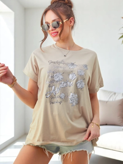 Royalfashion Ženska bombažna majica z listnatim potiskom