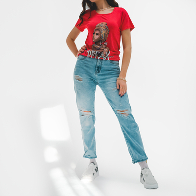 Royalfashion Czerwony damski t-shirt z kolorowym printem i cekinami