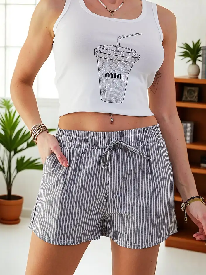 Royalfashion bombaž kratke hlače za ženske z elastiko in vezalkami v pasu