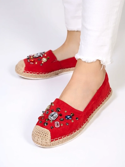Royalfashion Czerwone damskie eko-zamszowe espadryle z cyrkoniami Mediros