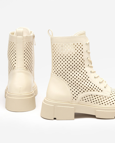 Ażurowe beżowe damskie botki na płaskim obcasie Rolika - Obuwie