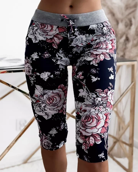 Royalfashion Ženske 3/4 kratke hlače mornarsko modre in koralne barve s cvetličnim vzorcem PLUS SIZE