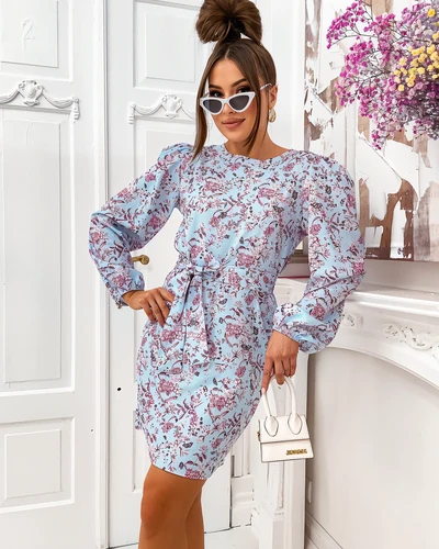 Royalfashion cvetlična mini obleka za ženske s puff rokavi in pasom
