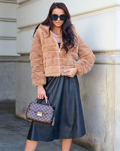 Royalfashion Dvostranska ženska jakna s krznom v svetlo rjavi barvi