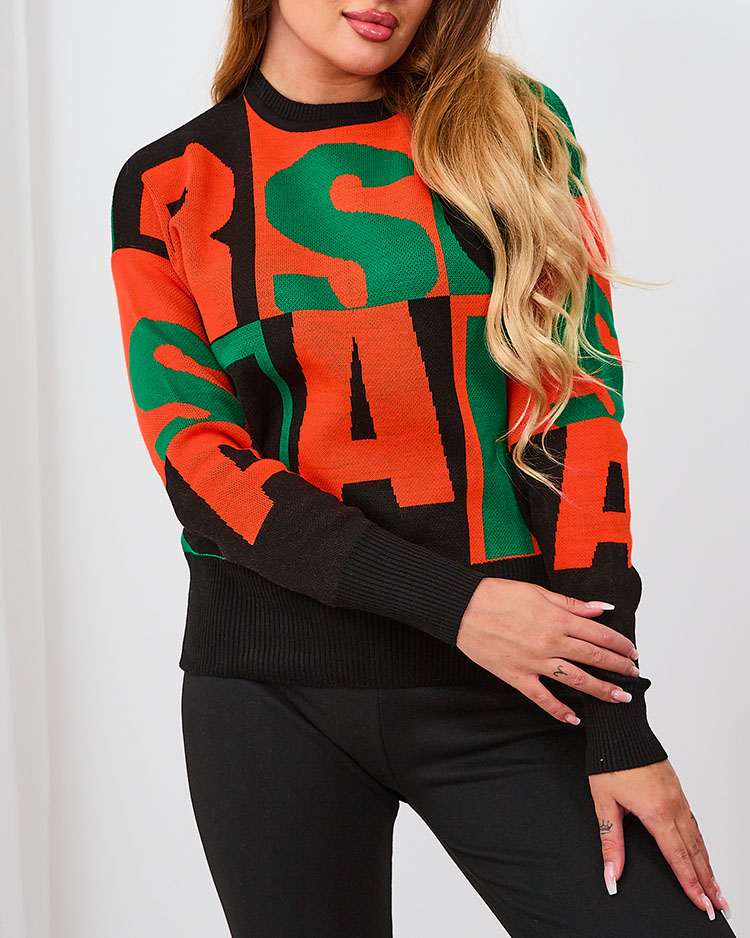 Royalfashion Rjavo-modri ženski pulover s črko