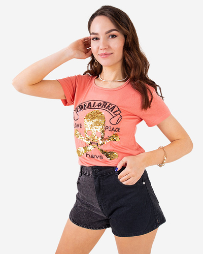 Royalfashion Pomarańczowy damski t-shirt z cekinami i napisami